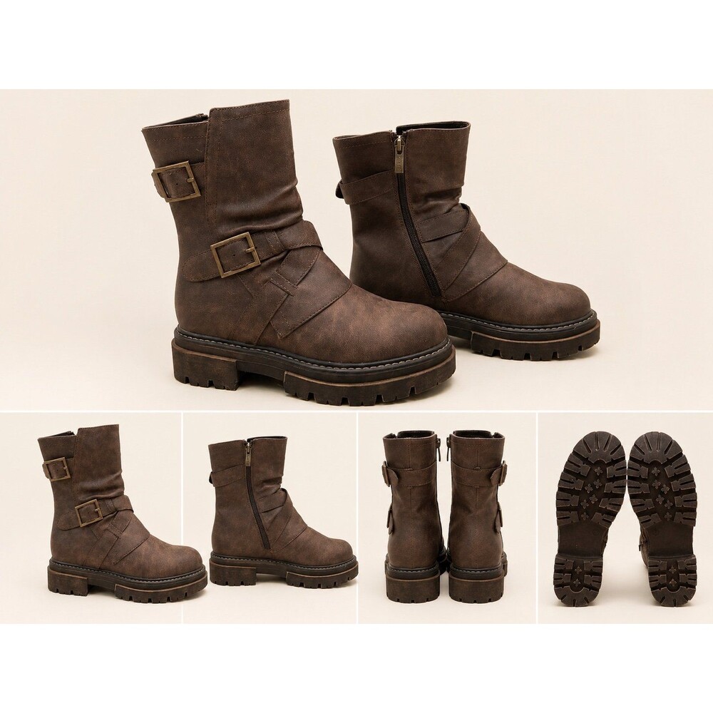 Boutique Brown Moto Boots Women’s Size 7 Chunky Lug Sole Double Buckle Side Zip